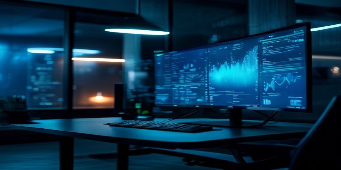 Datenanalyse-Dashboard auf einem Monitor in einem abgedunkelten Büro